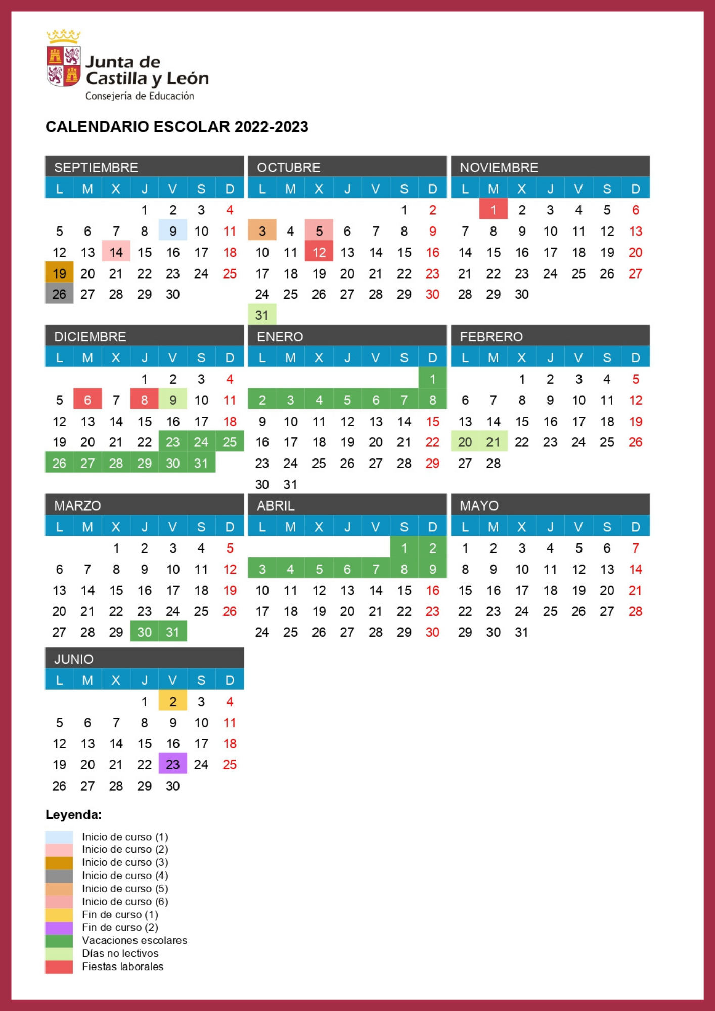 Calendario escolar Colegio La Anunciata, León